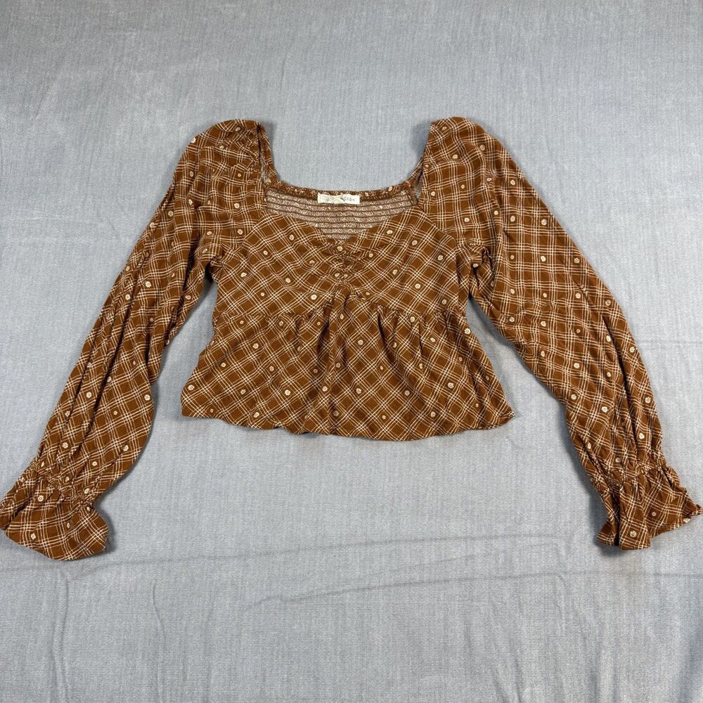 Rewind Brown Plaid Babydoll Top L Cropped Y2K Elena Gilbert Puff Sleeve Ruffle